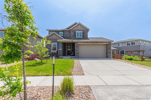 9350 Dunraven St, Arvada, CO 80007 - craftsman inspired home featuring stone siding, concrete driveway, a front lawn, a garage, and board and batten siding