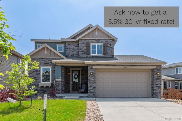 9350 Dunraven St, Arvada, CO 80007 - craftsman inspired home with board and batten siding, driveway, stone siding, and an attached garage