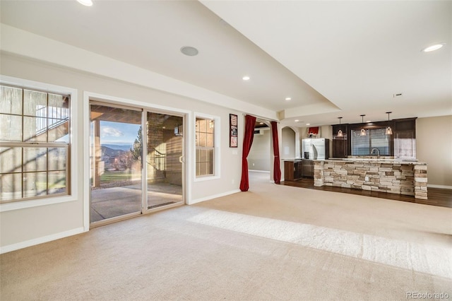 unfurnished living room with carpet floors and sink