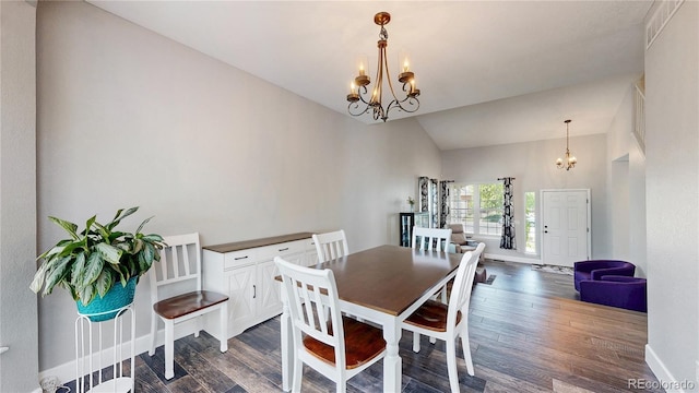 4826 S Ireland St, Aurora, CO 80015 - dining space featuring a chandelier, dark wood-style flooring, lofted ceiling, and baseboards