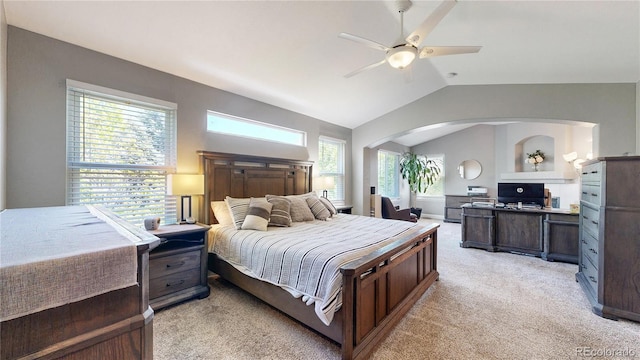 4826 S Ireland St, Aurora, CO 80015 - bedroom featuring lofted ceiling, light carpet, arched walkways, and a ceiling fan