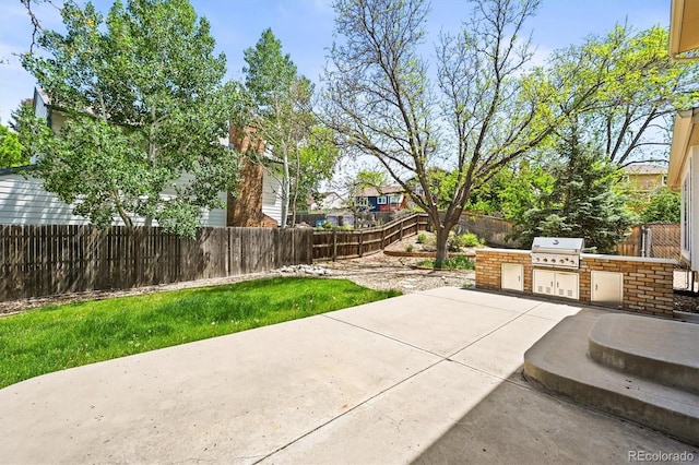 view of patio featuring a grill, exterior kitchen, and a fenced backyard