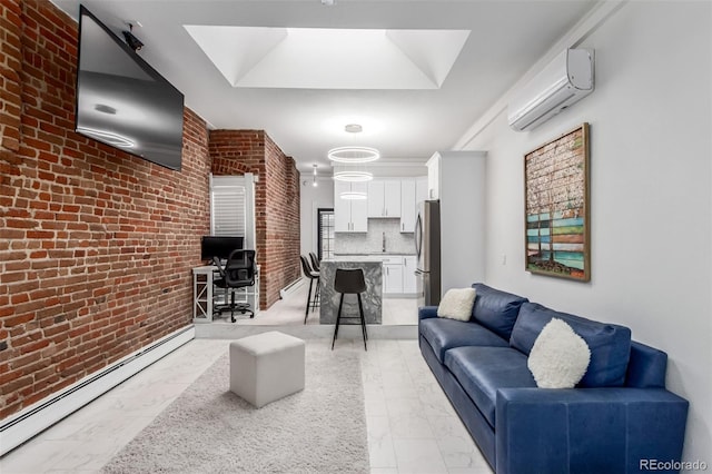 living room featuring a skylight, brick wall, a wall mounted air conditioner, a baseboard heating unit, and sink