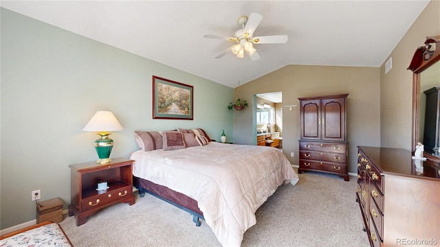 bedroom with light carpet, visible vents, baseboards, and vaulted ceiling