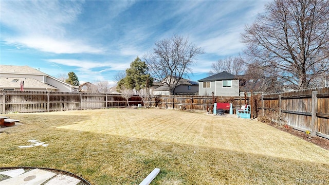 view of yard with a fenced backyard and a residential view