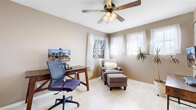 home office with ceiling fan, light wood finished floors, and baseboards