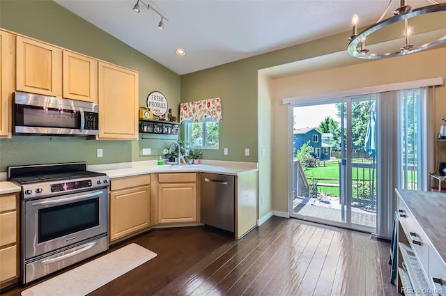 1201 Trout Creek Cir, Longmont, CO 80504 - kitchen with stainless steel appliances, light countertops, light brown cabinets, dark wood-style floors, and a chandelier