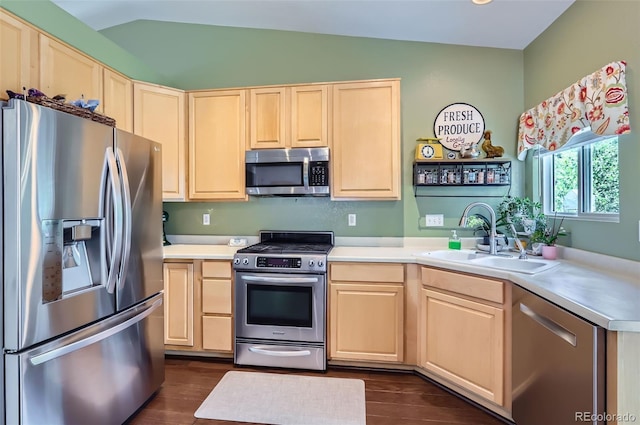 1201 Trout Creek Cir, Longmont, CO 80504 - kitchen with stainless steel appliances, light brown cabinetry, light countertops, dark wood-style floors, and vaulted ceiling