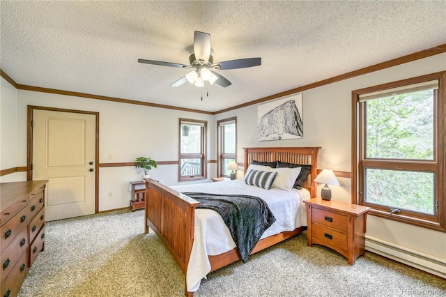 140 Forest Dr, Frisco, CO 80443 - bedroom featuring a baseboard heating unit, multiple windows, light carpet, a textured ceiling, and a ceiling fan