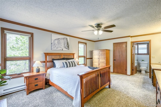 140 Forest Dr, Frisco, CO 80443 - bedroom with ornamental molding, connected bathroom, a baseboard radiator, light colored carpet, and a textured ceiling