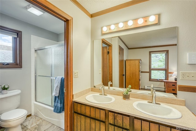 140 Forest Dr, Frisco, CO 80443 - full bathroom with toilet, double vanity, crown molding, shower / bath combination with glass door, and marble finish flooring