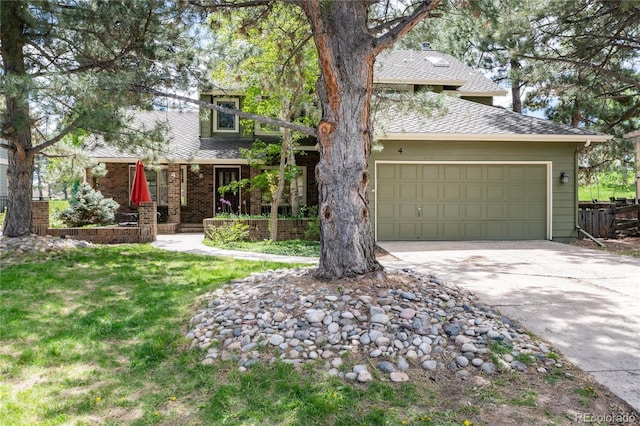 view of front of house with concrete driveway, an attached garage, a shingled roof, and a front lawn
