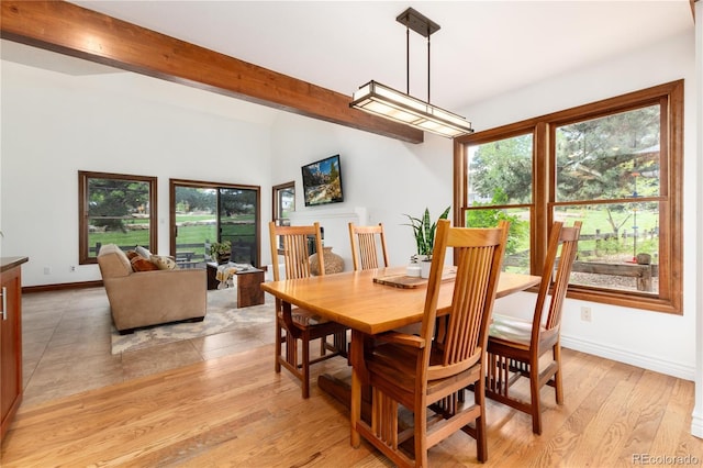 dining area featuring healthy amount of natural light, beam ceiling, light wood-style floors, and baseboards