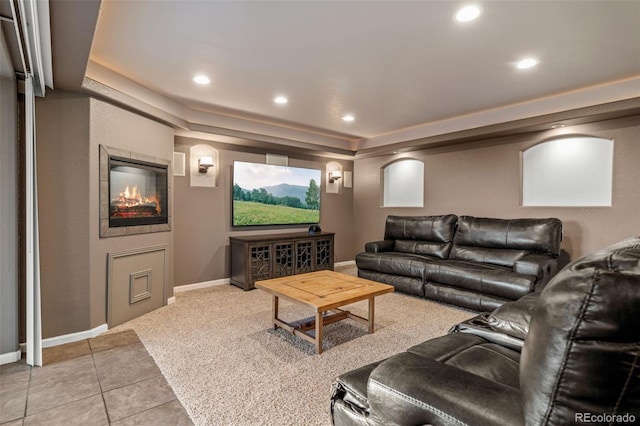 1609 S Catawba Cir, Aurora, CO 80018 - home theater with a raised ceiling, light tile patterned floors, recessed lighting, and light colored carpet