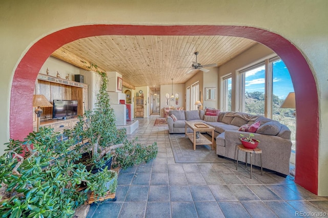 11855 County Road 251a, Salida, CO 81201 - living room with wooden ceiling, ceiling fan, and dark stone finish floors