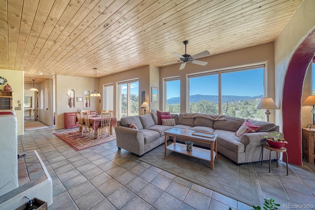 11855 County Road 251a, Salida, CO 81201 - living room with a mountain view, wood ceiling, and a ceiling fan