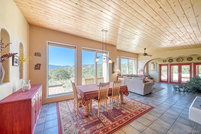 11855 County Road 251a, Salida, CO 81201 - tiled dining room with wood ceiling, a mountain view, and ceiling fan