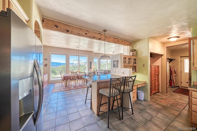 11855 County Road 251a, Salida, CO 81201 - kitchen with stainless steel fridge, a kitchen bar, a peninsula, hanging light fixtures, and glass insert cabinets