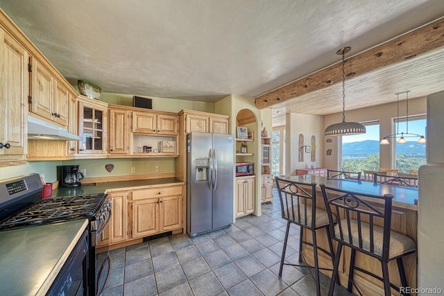 11855 County Road 251a, Salida, CO 81201 - kitchen featuring appliances with stainless steel finishes, under cabinet range hood, open shelves, light brown cabinets, and pendant lighting