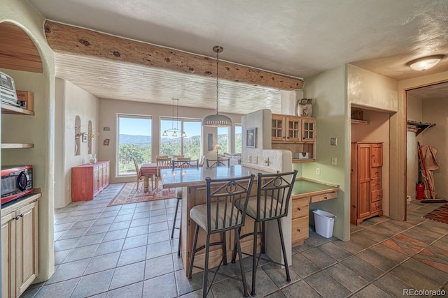 11855 County Road 251a, Salida, CO 81201 - kitchen featuring a breakfast bar, black microwave, glass insert cabinets, hanging light fixtures, and a peninsula