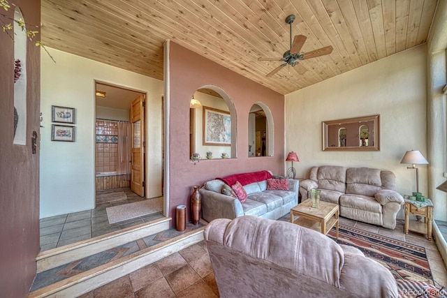 11855 County Road 251a, Salida, CO 81201 - living area with wooden ceiling, a ceiling fan, and stone finish flooring