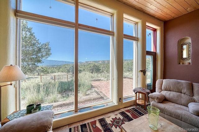 11855 County Road 251a, Salida, CO 81201 - living area featuring a mountain view, wooden ceiling, and healthy amount of natural light
