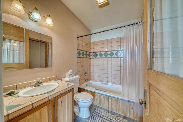 11855 County Road 251a, Salida, CO 81201 - full bath with shower / tub combo with curtain, vanity, tile patterned floors, and lofted ceiling