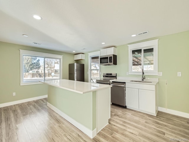 kitchen featuring appliances with stainless steel finishes, a center island, white cabinetry, sink, and light wood-type flooring