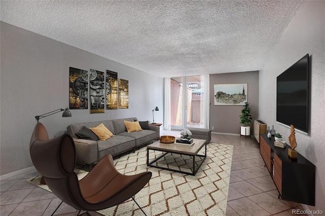 living room featuring light tile patterned floors, radiator heating unit, and a textured ceiling