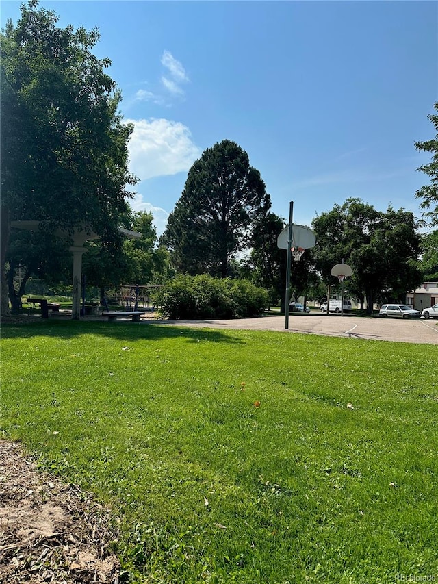 view of community with basketball court and a yard