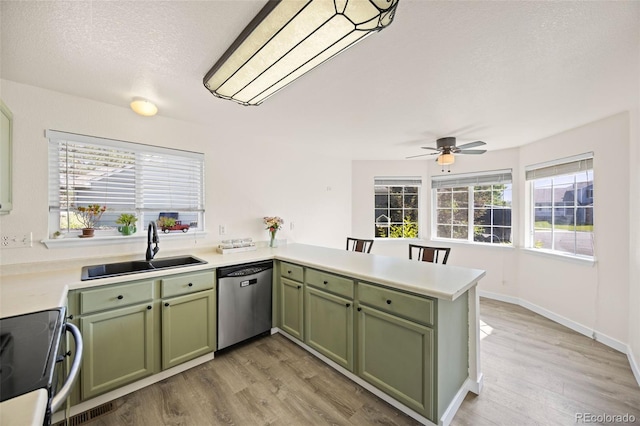 11100 Callaway Ct, Parker, CO 80138 - kitchen featuring stainless steel dishwasher, green cabinets, electric stove, a peninsula, and light wood-type flooring