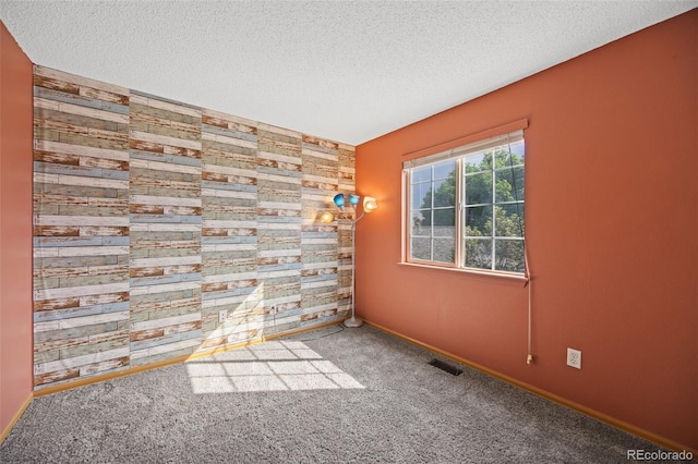 11100 Callaway Ct, Parker, CO 80138 - unfurnished room featuring wooden walls, an accent wall, carpet, and a textured ceiling