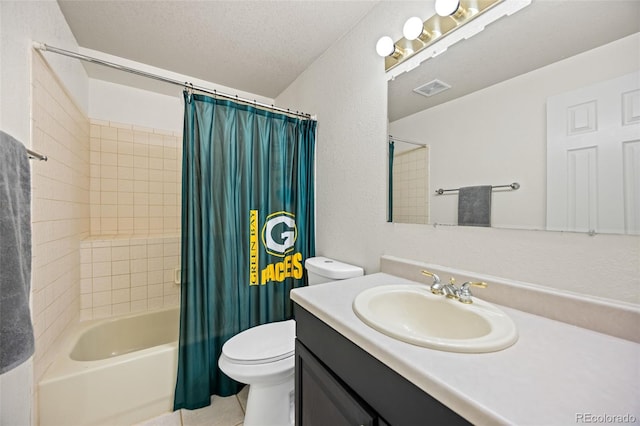 11100 Callaway Ct, Parker, CO 80138 - bathroom with vanity, shower / tub combo, a textured ceiling, and tile patterned floors