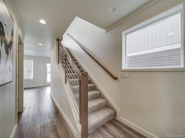 stairway with wood-type flooring