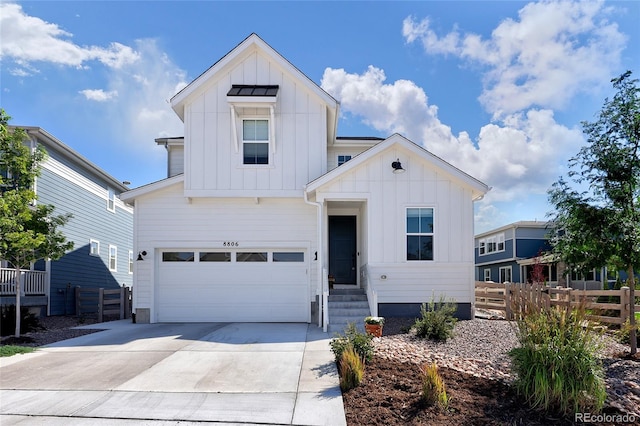 modern farmhouse style home with a garage