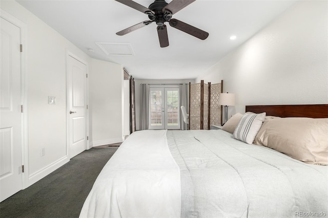 7579 Jay Ct, Arvada, CO 80003 - bedroom featuring attic access, dark carpet, baseboards, a ceiling fan, and access to outside