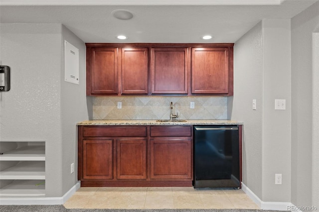 13322 Meadow Park Ln, Broomfield, CO 80020 - indoor wet bar with black dishwasher, tasteful backsplash, recessed lighting, and light tile patterned flooring