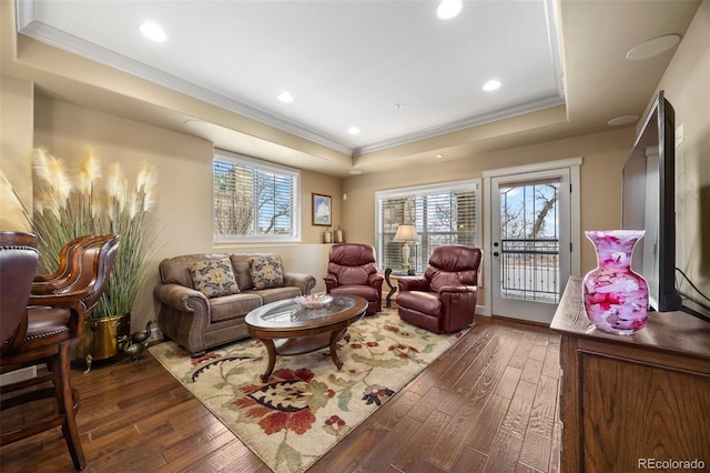 sitting room with a raised ceiling, crown molding, and dark hardwood / wood-style floors