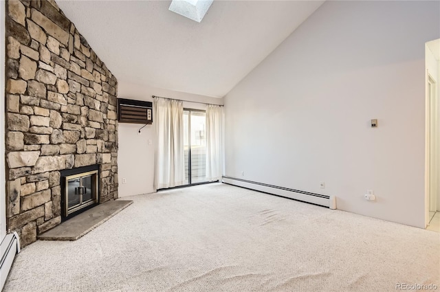 unfurnished living room with a wall mounted air conditioner, a stone fireplace, light colored carpet, and baseboard heating