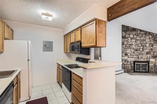 kitchen with white appliances, a baseboard heating unit, electric panel, a fireplace, and kitchen peninsula