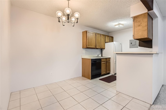 kitchen with hanging light fixtures, a textured ceiling, electric panel, dishwasher, and white fridge