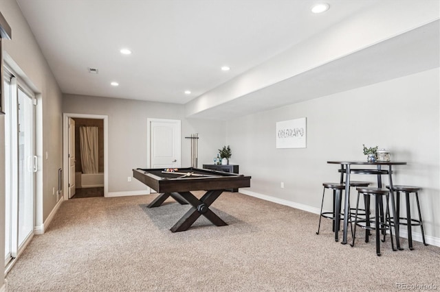 recreation room with recessed lighting, baseboards, and light colored carpet