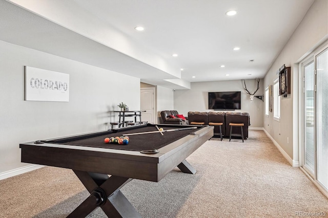 rec room featuring pool table, recessed lighting, baseboards, and light colored carpet