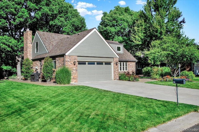 view of front facade featuring a garage, brick siding, driveway, a front lawn, and a chimney