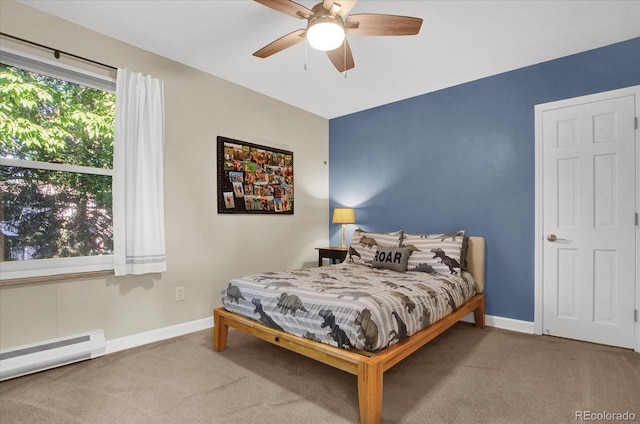 bedroom with carpet floors, baseboards, and baseboard heating