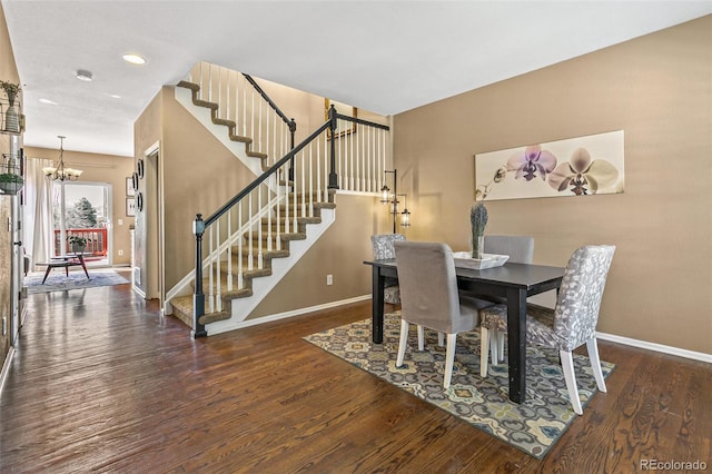 dining space with an inviting chandelier, recessed lighting, wood finished floors, stairs, and baseboards