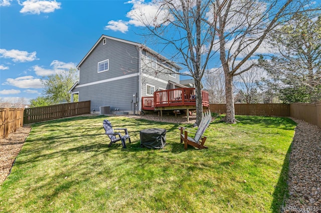 view of yard with central AC, a fenced backyard, and a wooden deck