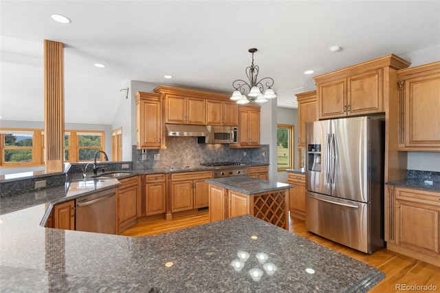 1680 Elk View Rd, Larkspur, CO 80118 - kitchen with stainless steel appliances, light wood-style floors, decorative backsplash, dark stone counters, and a chandelier