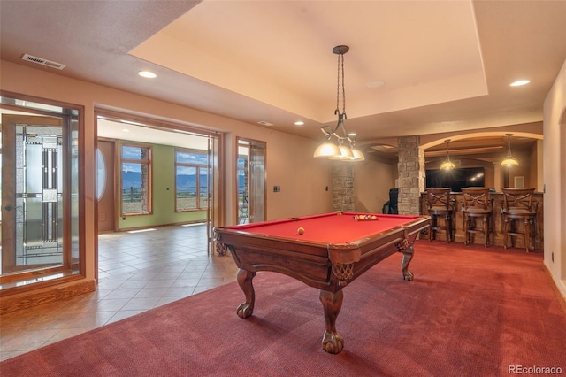 1680 Elk View Rd, Larkspur, CO 80118 - playroom featuring tile patterned flooring, pool table, recessed lighting, a raised ceiling, and arched walkways