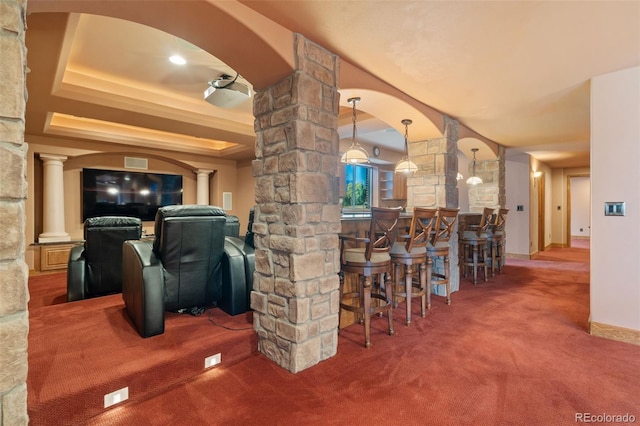 1680 Elk View Rd, Larkspur, CO 80118 - indoor bar featuring decorative columns, carpet floors, and arched walkways